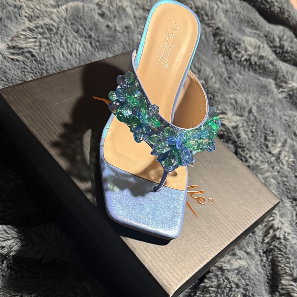 Anne Michelle Elegant Blue Heels with Green Embellishments